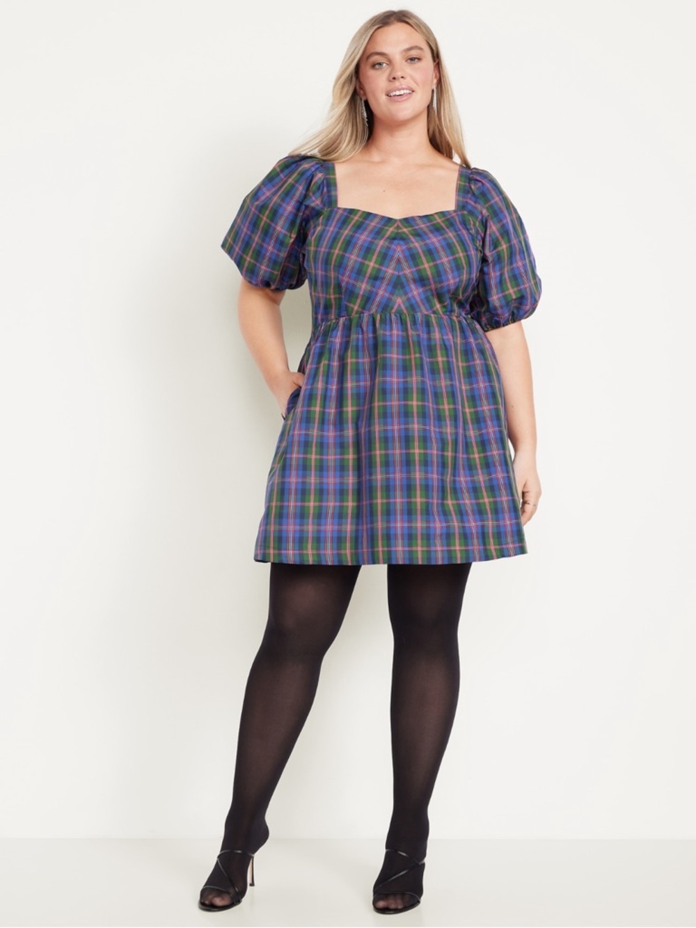 Old Navy Puff-Sleeve Plaid Fit & Flare Taffeta Mini Dress, NWT